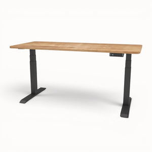 Solid oak desk with black metal legs on a white background
