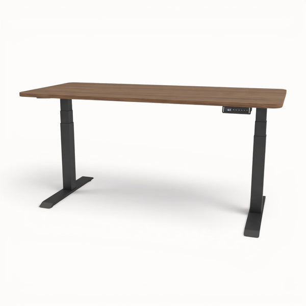 Wooden desk with black metal legs on a white background