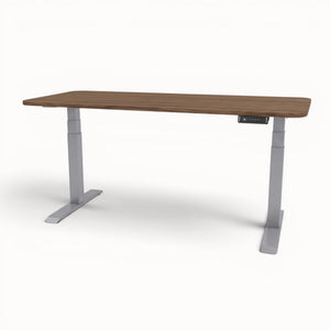 Wooden desk with adjustable height on a white background