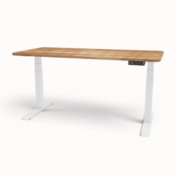 Solid oak desk with white legs on a white background