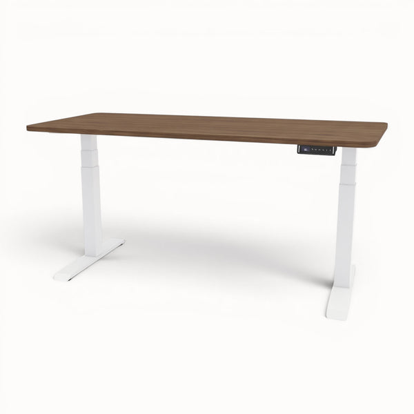 Walnut standing desk with white legs on a white background