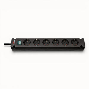 Black power strip with multiple sockets on a white background