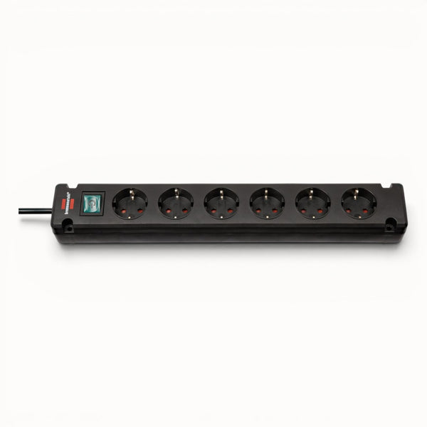 Black power strip with multiple sockets on a white background