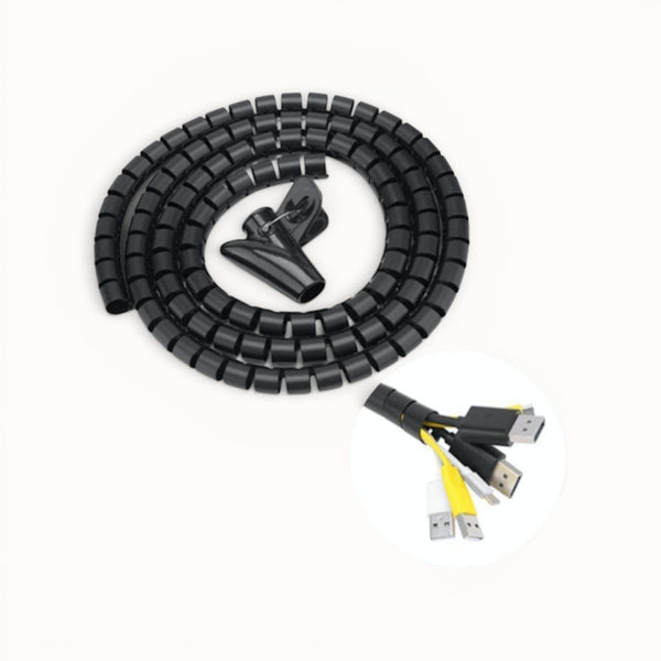 Black cable organizer with clips and USB cables on a white background