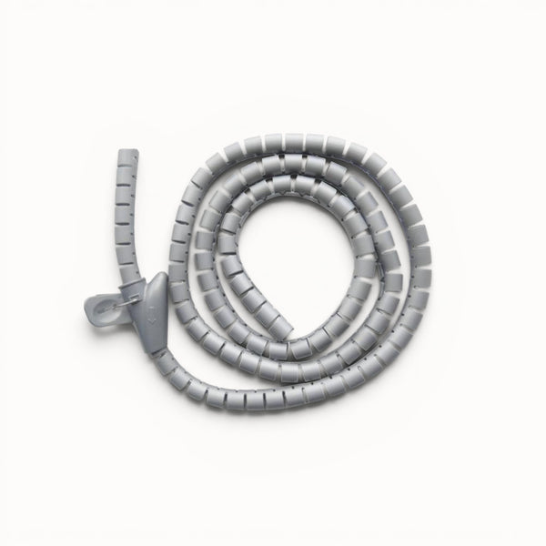 Grey cable spine with a clip on a white background