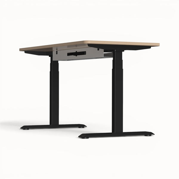 Stand-up desk with black frame and cable tray