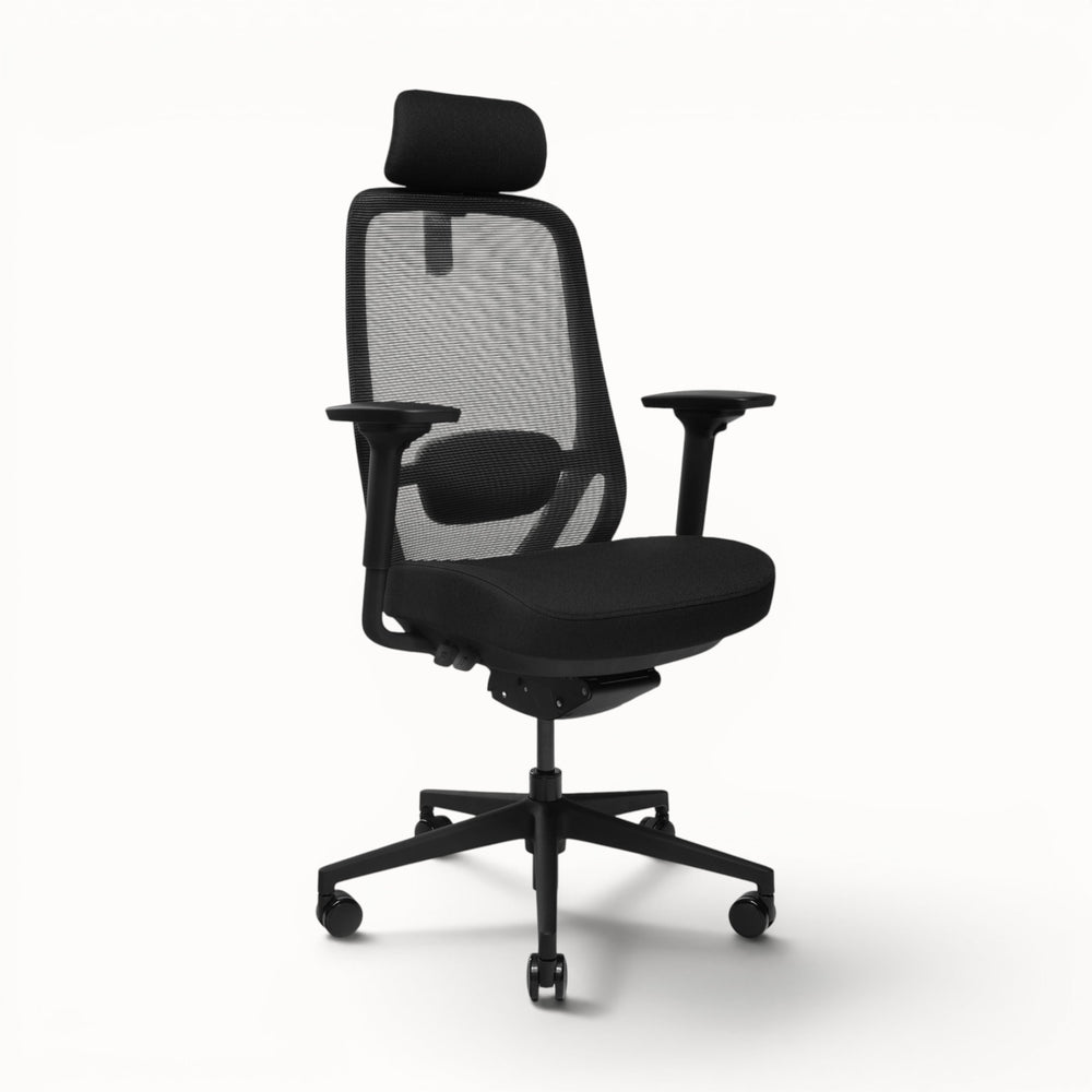 Ergonomic office chair with gray mesh back and seat on a white background