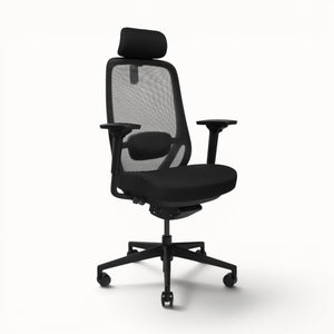 Black office chair with mesh backrest on a white background