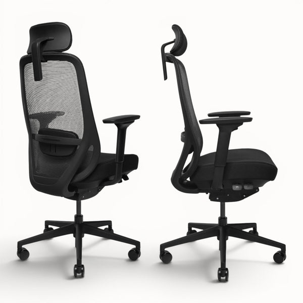 Black office chair with mesh back and adjustable armrests on a white background