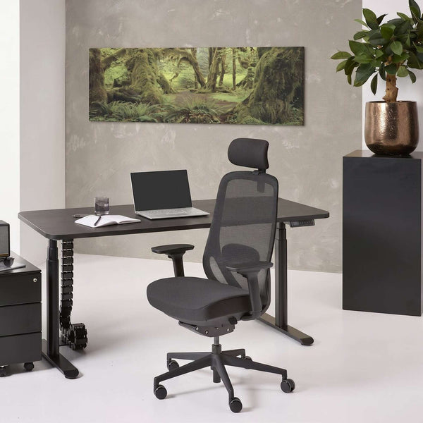 Modern office setup with a black adjustable desk and chair, laptop, and decorative elements.