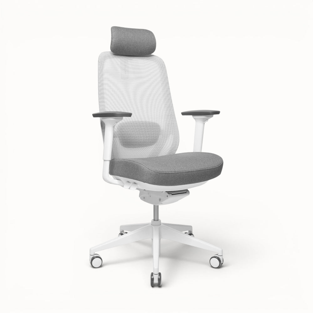 Ergonomic office chair with gray mesh back and seat on a white background