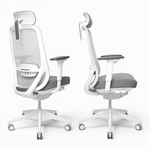 Two office chairs with white frames and gray seats on a white background