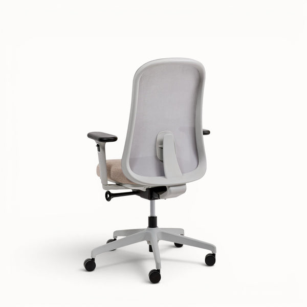 Gray office chair with mesh back on a white background