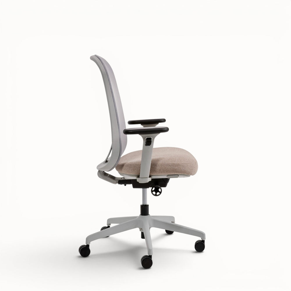 Ergonomic office chair with mesh backrest and beige seat on a white background