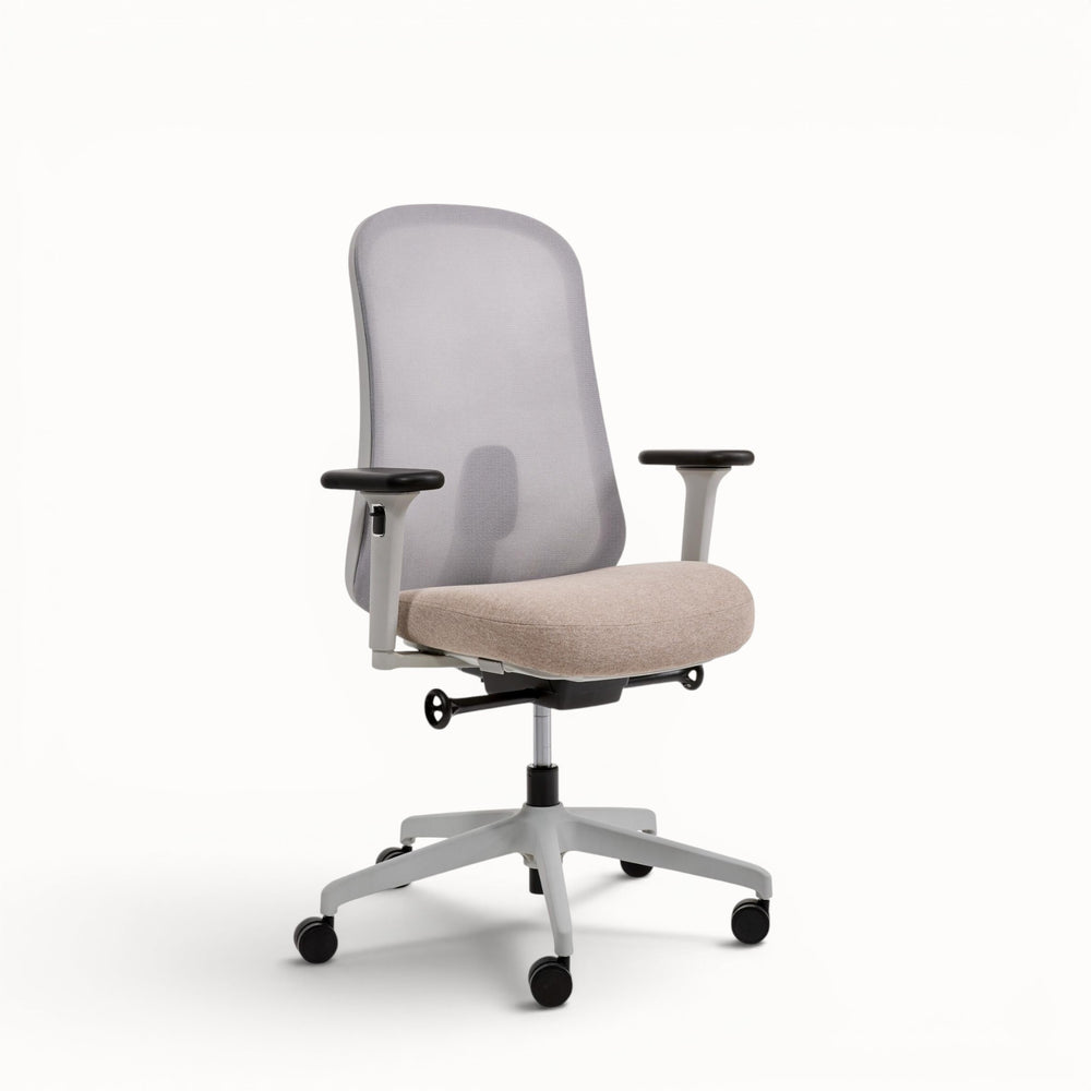 Ergonomic office chair with mesh backrest and beige seat on a white background