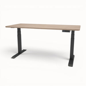 Wooden desk with black legs on a white background