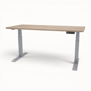 Wooden desk with adjustable height on a white background