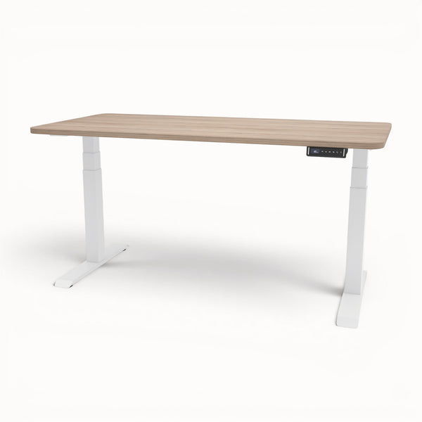 Oak stand-up desk with white legs on a white background