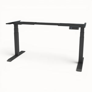 Black adjustable desk frame on a white background