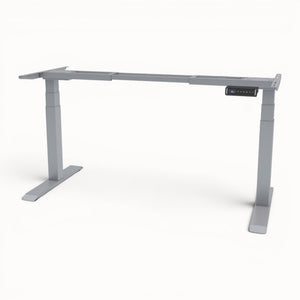 Gray adjustable desk frame on a white background