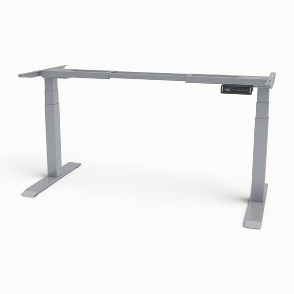 Gray adjustable desk frame on a white background