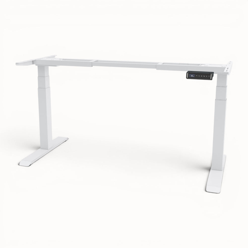 White adjustable desk frame on a white background