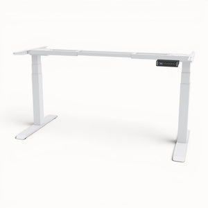 White adjustable desk frame on a white background