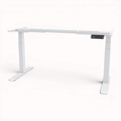 White adjustable desk frame on a white background