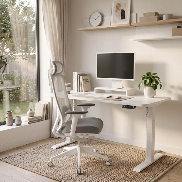 Modern home office with a white desk, chair, and computer setup.