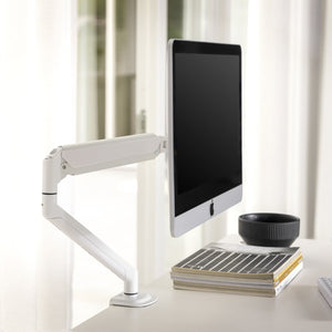 Computer monitor on a white desk with a stand, books, and a bowl.