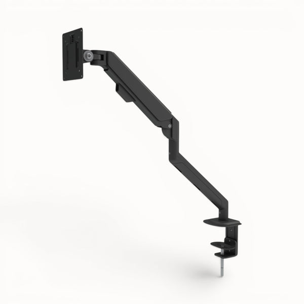 Black adjustable monitor arm on a white background