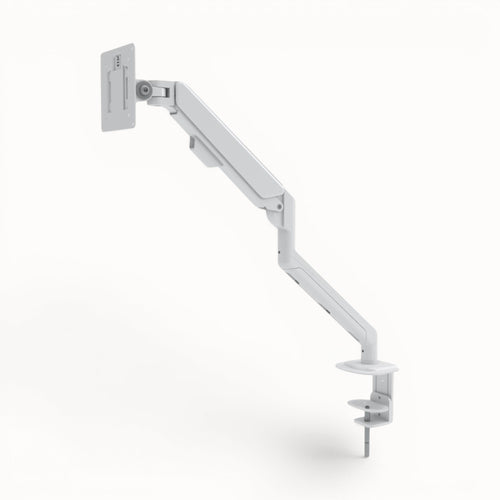 White adjustable monitor arm on a white background