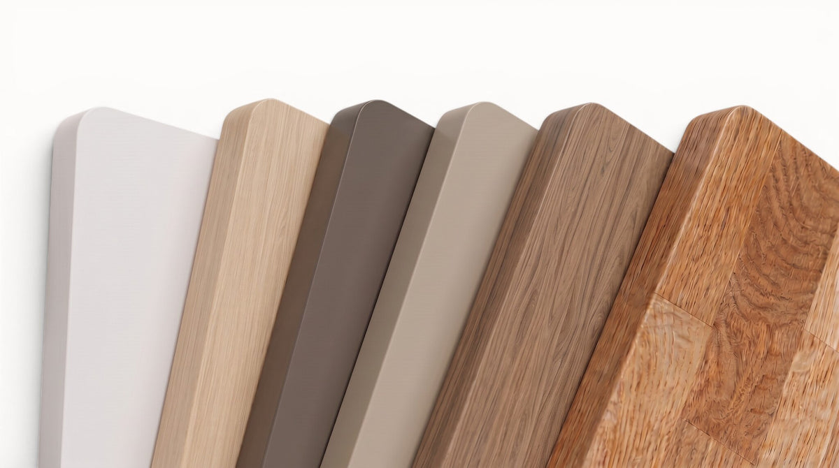 Set of wooden samples in various colors on a white background