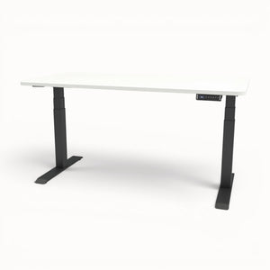 White desk with black adjustable legs on a white background