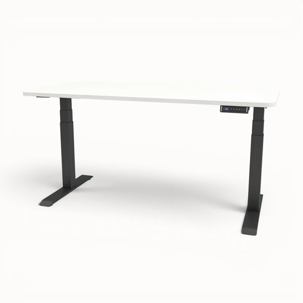 White desk with black adjustable legs on a white background