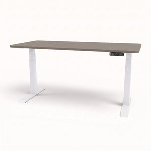 An adjustable standing desk with a gray top and white metal legs, featuring a small digital control panel on the right side, shown on a clean white background.