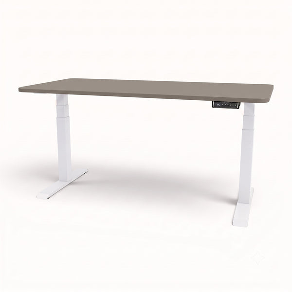 An adjustable standing desk with a gray top and white metal legs, featuring a small digital control panel on the right side, shown on a clean white background.