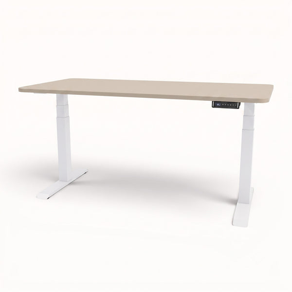 An adjustable standing desk with a light beige wood-grain top and white metal legs, featuring a small digital control panel on the right side.